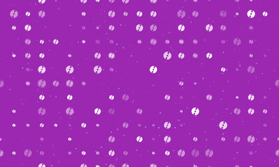 Seamless background pattern of evenly spaced white cd symbols of different sizes and opacity. Vector illustration on purple background with stars