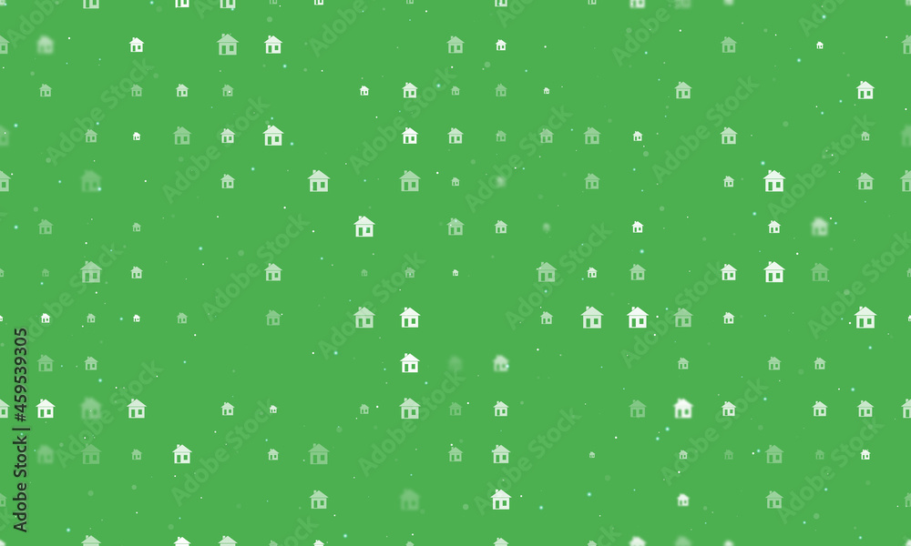 Poster seamless background pattern of evenly spaced white house symbols of different sizes and opacity. vec