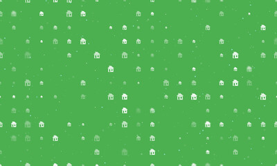 Seamless background pattern of evenly spaced white house symbols of different sizes and opacity. Vector illustration on green background with stars