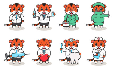 Vector illustration of Cute Character Cartoon of Tiger Doctor. Good for label, sticker, clipart. white isolated background
