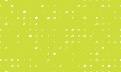 Seamless background pattern of evenly spaced white cheese symbols of different sizes and opacity. Vector illustration on lime background with stars
