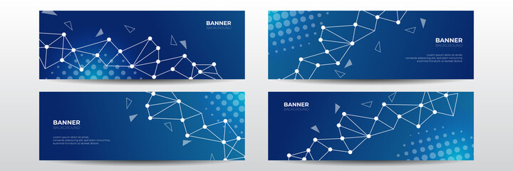 Blue abstract vector technology business long banner template. Business minimal background with halftone circle frame. Abstract background with dynamic effect.