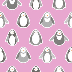 Flat style vector pattern with funny penguins on pink background. Cute backdrop and wrapping design.