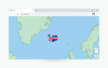 Browser window with map of Iceland, searching  Iceland in internet.
