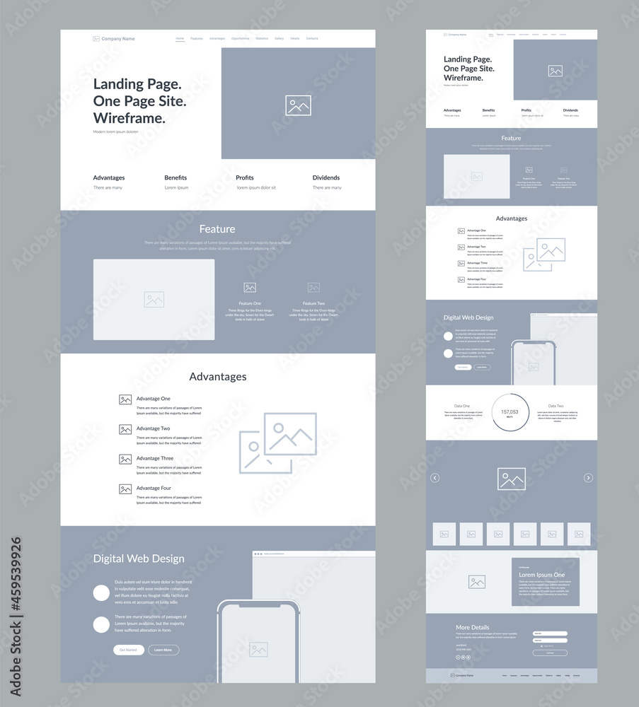 Sticker website design template wireframe. landing page site design.