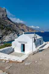 Agia Anna chapel above the famous beach well known from the big blue movie  on Amorgos island, Cyclades Greece.
