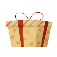 Christmas present box, decorated with ribbon, snowflakes and stripes in cartoon style isolated on white background. Winter greeting, retro design element. Vector illustration