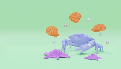 Purple crab with colorful shells, starfish and pearls on green background, 3d rendering.