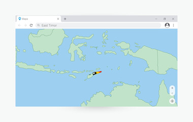 Browser window with map of East Timor, searching  East Timor in internet.