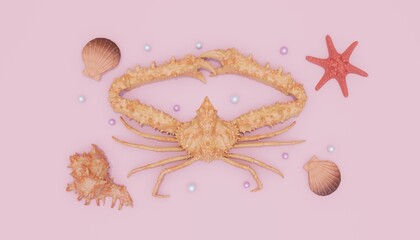 Naklejka premium Abstract color crab with colorful shells, starfish and pearls on a pink background, 3d rendering.