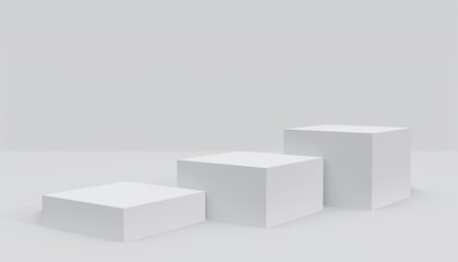 Three white mock ups of empty stage.Space to place your text or object. 3d render