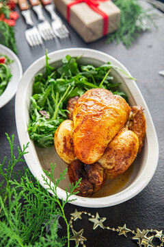 christmas chicken or turkey meat new year table treat chicken coquelet fresh meal snack on the table copy space food background rustic 