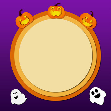 Happy halloween concept.Three pumpkins and ghost on purple background.Vector and illustration.