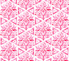 Seamless moroccan pattern. Bright vintage tile. Pink and white watercolor ornament painted with paint on paper. Handmade. Print for textiles. Set grunge texture.