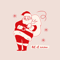 Cheerful Santa Claus with gift bag. Let it snow. Christmas, New year concept. Retro, vintage style. Square greeting Card. Hand drawn trendy Vector illustration