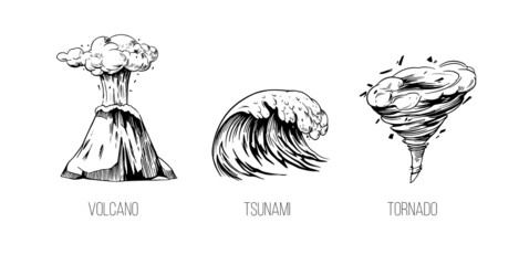 natural disasters. Volcano, tsunami, tornado. Hand drawn vector sketch illustration.