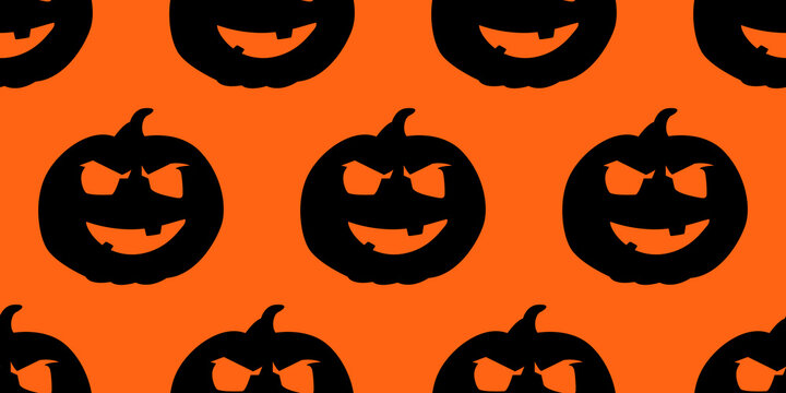 Repeated seamless black pumpkins pattern. Vector sampke with Jacl-o-lanterns and orange background.