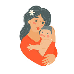 Mother with baby child. Mothers Day. Woman with newborn. Parent holds the child in arms. Stock vector flat cartoon illustration isolated on white background.