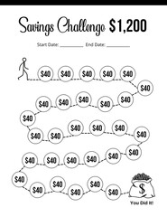 Save 1200 dollar, savings challenge, save money, savings tracker, money challenge, save money