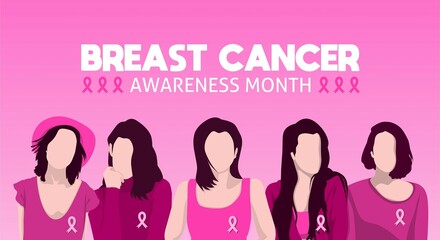 Breast cancer awareness month theme flat design. Vector illustration. With character female flat design. 