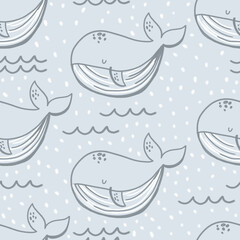 Cute childish seamless hand-drawn pattern with whales, waves, dots on a blue background. Kids repeating texture is ideal for fabrics, cards, textiles, wallpaper, clothing. Marine background.