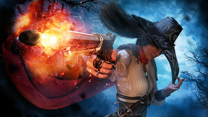 A beautiful cowboy girl in a pointed hat shoots directly into the frame with her gun in a super dynamic pose and angle, against the background of a night scene with a full moon and wind 3d rendering © warmtail