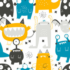 Vector hand-drawn seamless childish pattern with cute funny monsters on a white background. Alien. Kids texture for fabric, wrapping, textile, wallpaper, apparel. Scandinavian design. Illustration. - obrazy, fototapety, plakaty