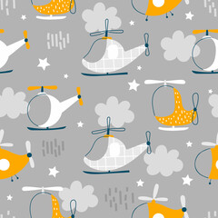Vector hand-drawn seamless childish pattern with cute flying helicopters, stars and clouds on a gray background. Kids texture for fabric, wrapping, textile, wallpaper, apparel. Scandinavian design.