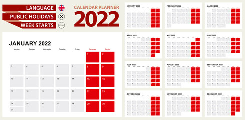 2022 Calendar Planner Design. Week starts from Monday