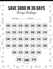 Fototapeta na wymiar Save $800 dollar in 36 days, savings challenge, savings tracker, money challenge, save money, 800 dollar