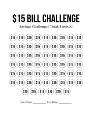 15 Dollar Bill Save Money Challenge, savings tracker, money challenge, save money