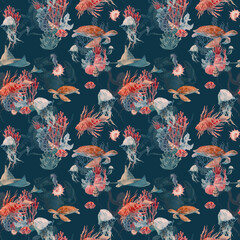 Watercolor coral reef seamless pattern. Hand drawn realistic background design: turtle, corals, rays, sea horse on white background. Natural repeating texture design for paper, fabric, wallpaper