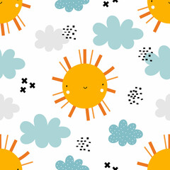 Vector hand-drawn seamless childish pattern with cute sun, clouds, and crosses on a white background. Kids texture for fabric, wrapping, textile, wallpaper, apparel. Trendy scandinavian print.