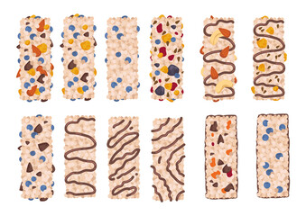 A set of cereal bars made of muesli, nuts and chocolate. Vector illustration of healthy vegan dessert in cartoon childish style. Isolated clipart food on white background