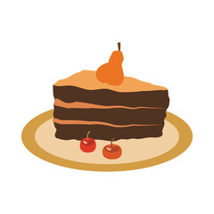 Piece of chocolate cake with pear on a plate vector illustration. Flat design