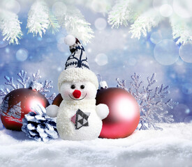 Christmas background with snow, balls and snowman.