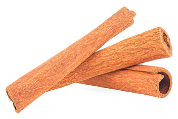 Aromatic cinnamon sticks isolated on a white background. Three cinnamon sticks.