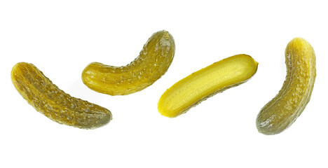 Delicious marinated pickled cucumbers isolated on a white background, top view. Canned cucumbers and slices. Gherkins.