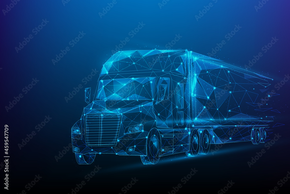 Wall mural logistics cargo truck transport low poly. business worldwide shipping wireframe concept. consist of lines, dots and triangle. isolated on blue dark background. vector illustration fantastic digital.