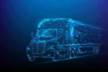 logistics cargo truck transport low poly. business worldwide shipping wireframe concept. consist of lines, dots and triangle. isolated on blue dark background. vector illustration fantastic digital. © Yellow duck