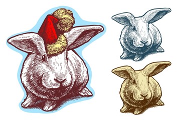 Fototapeta premium Cartoon cute funny hand drawn rabbit in red Santa Claus cap. New year and Christmas sticker. Vector on white background.