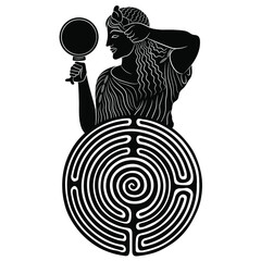 Beautiful combing ancient Greek girl holding mirror on top of a round spiral maze or labyrinth symbol. Ariadne or Aphrodite. Black and white negative silhouette. © Olena