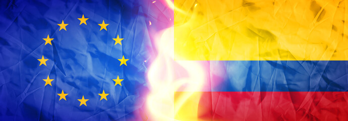 Creative Flags Design of (European Union and Colombia) flags banner, 3D illustration.