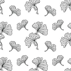 Vector black and white hand-drawn seamless pattern of Ginkgo tree leaves