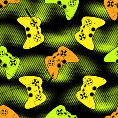 Game seamless grunge pattern with orange, green and yellow joysticks. © Vitalii_ART