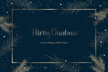 Merry Christmas and a Happy New Year greeting card vector. Dark blue background with gold Christmas elements
