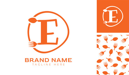 Hand drawn alphabet letter E logo using Spoon, Fork in a circle with color variation and pattern in orange color theme for creative branding design