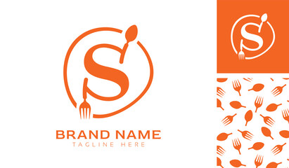 Hand drawn alphabet letter S logo using Spoon, Fork in a circle with color variation and pattern in orange color theme for creative branding design