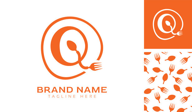 Hand drawn alphabet letter Q logo using Spoon, Fork in a circle with color variation and pattern in orange color theme for creative branding design