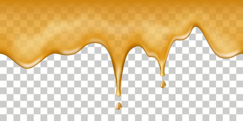 Maple syrup spill drip, melted honey. Isolated flowing liquid , orange juice, sweet sauce, oil, honey, caramel.  Flow On transparent background, vector illustration.
